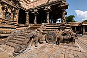 The great Chola temples of Tamil Nadu - The Airavatesvara temple of Darasuram. the porch extension of the mandapa, with balustrades decorated with elephants and prancing horses pulling wheels.